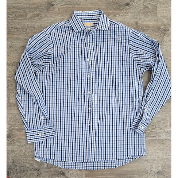 Michael Kors Dress‎ Shirt Mens 16 1/2-34/35 Blue Purple Plaid Non Iron - Picture 2 of 8